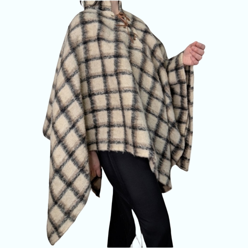 Wool Asymmetrical Poncho Neutral Check Pattern/Plaid Muiltisize Leather Tie Up